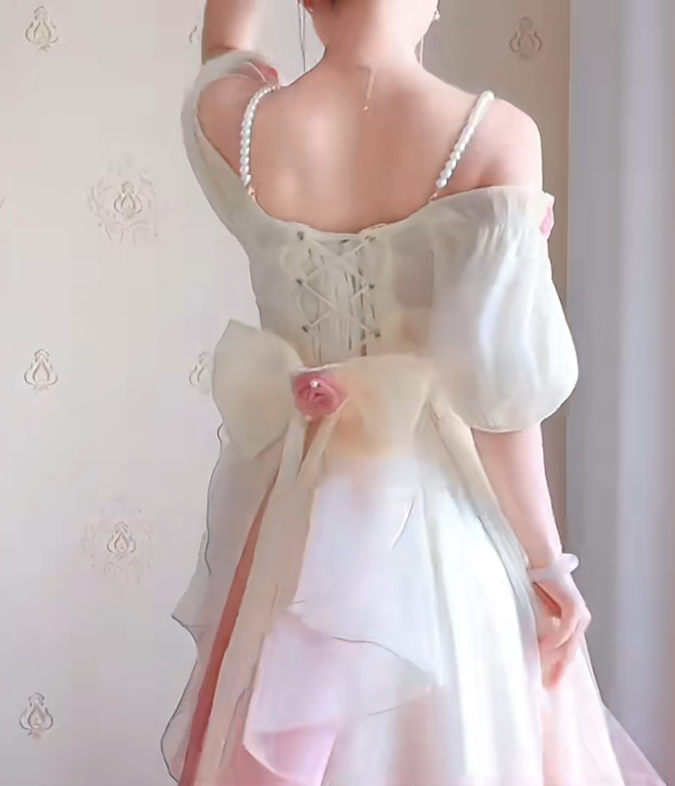 Lovely Ombre Pink Prom Dress Appliques Short Sleeve A-Line Evening Dress C8214