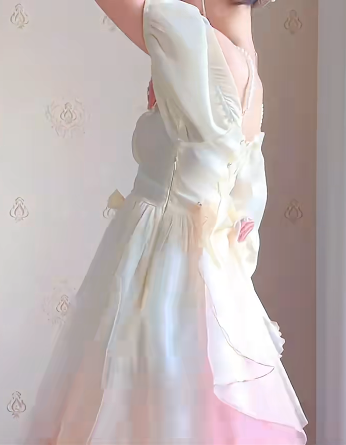 Lovely Ombre Pink Prom Dress Appliques Short Sleeve A-Line Evening Dress C8214