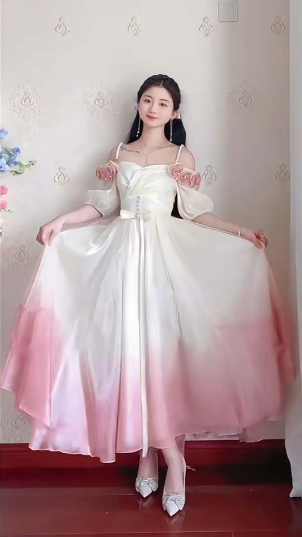 Lovely Ombre Pink Prom Dress Appliques Short Sleeve A-Line Evening Dress C8214