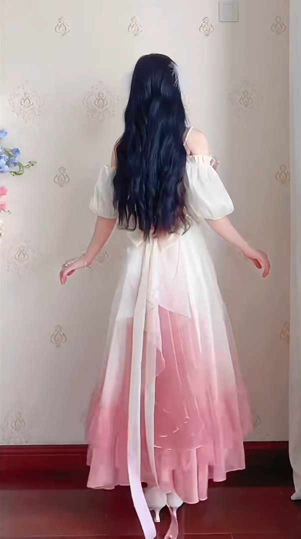 Lovely Ombre Pink Prom Dress Appliques Short Sleeve A-Line Evening Dress C8214