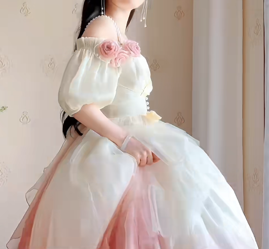 Lovely Ombre Pink Prom Dress Appliques Short Sleeve A-Line Evening Dress C8214