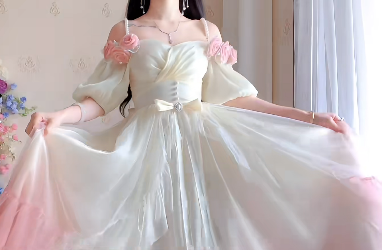 Lovely Ombre Pink Prom Dress Appliques Short Sleeve A-Line Evening Dress C8214