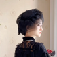 Chic Short Sleeve Black Prom Dress Jacquard A-Line Evening Dress C8215