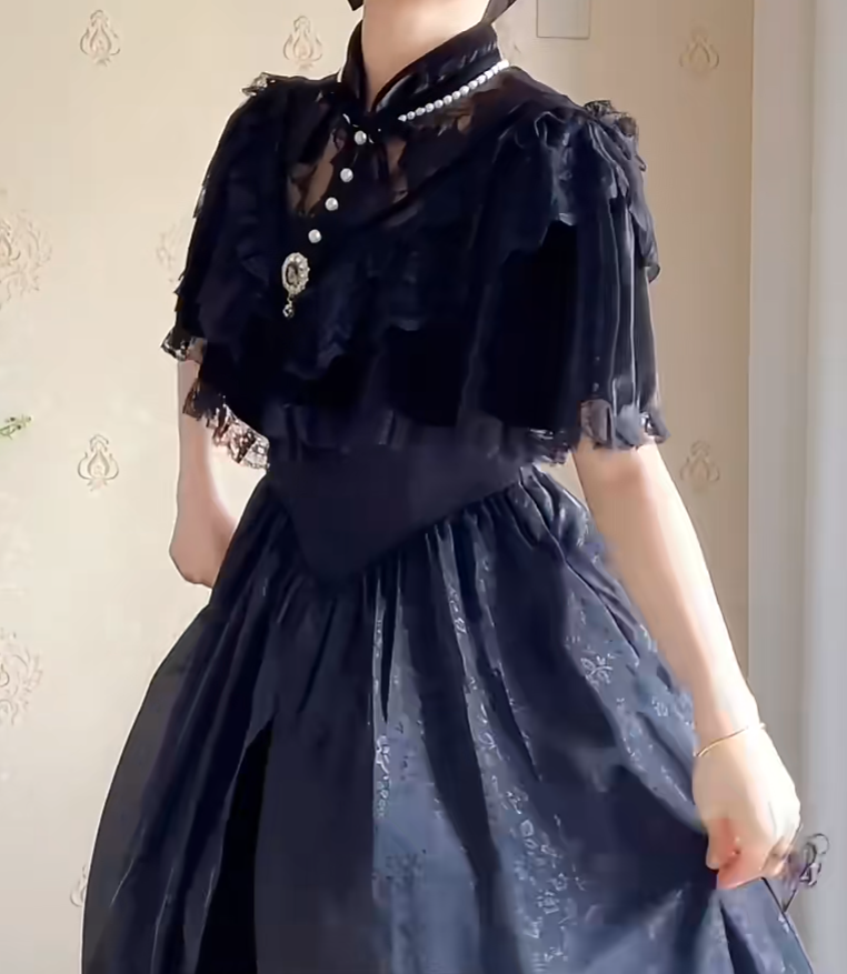 Chic Short Sleeve Black Prom Dress Jacquard A-Line Evening Dress C8215