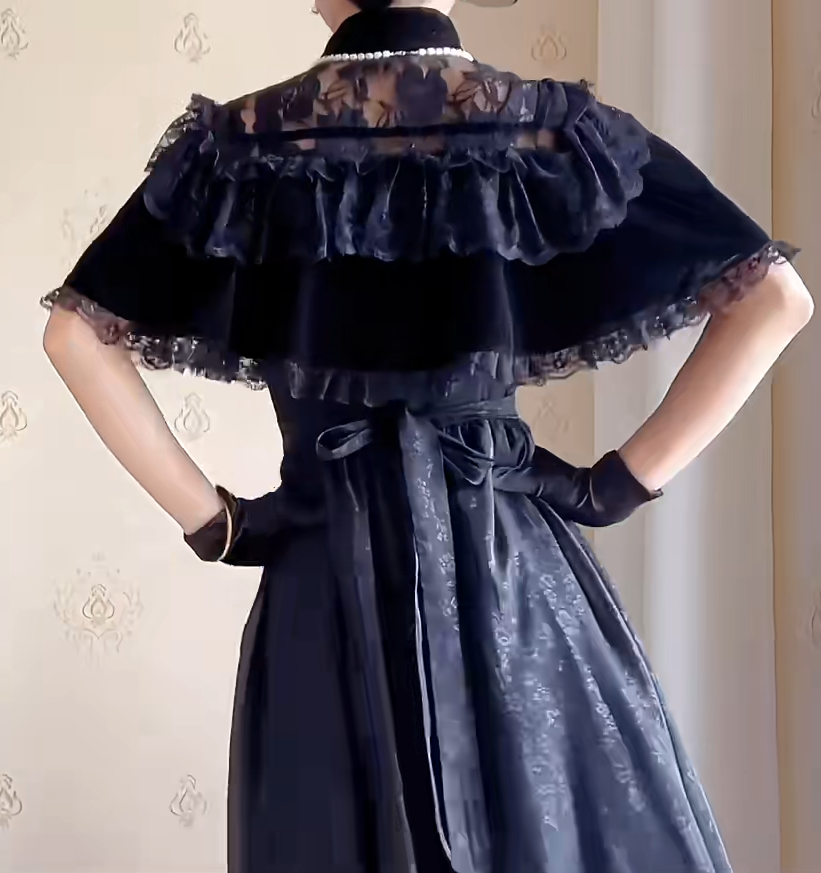 Chic Short Sleeve Black Prom Dress Jacquard A-Line Evening Dress C8215
