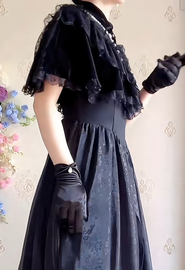 Chic Short Sleeve Black Prom Dress Jacquard A-Line Evening Dress C8215