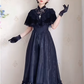 Chic Short Sleeve Black Prom Dress Jacquard A-Line Evening Dress C8215