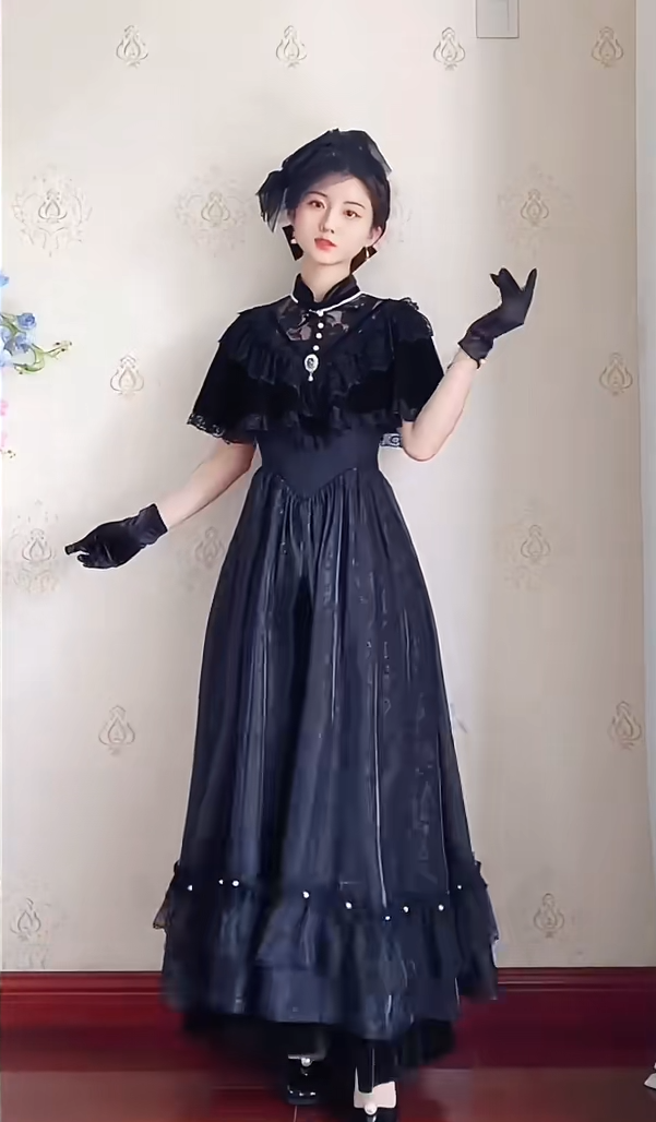 Chic Short Sleeve Black Prom Dress Jacquard A-Line Evening Dress C8215