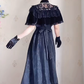 Chic Short Sleeve Black Prom Dress Jacquard A-Line Evening Dress C8215