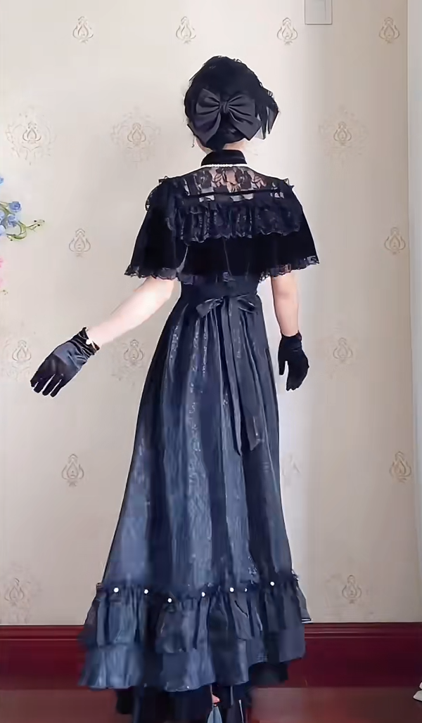 Chic Short Sleeve Black Prom Dress Jacquard A-Line Evening Dress C8215