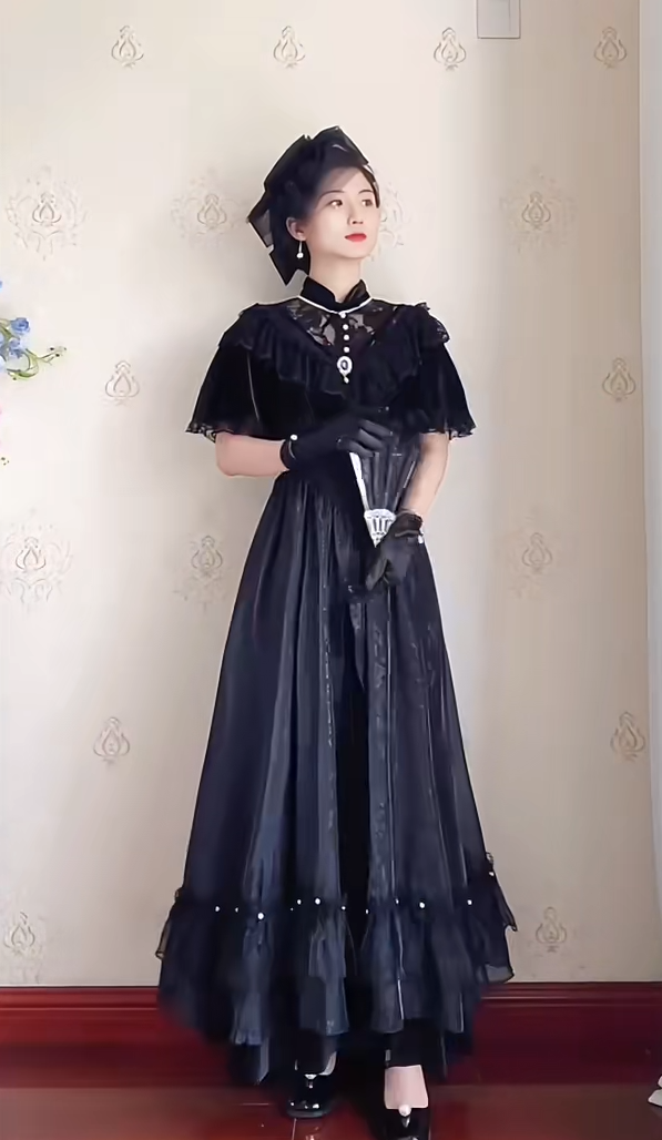 Chic Short Sleeve Black Prom Dress Jacquard A-Line Evening Dress C8215