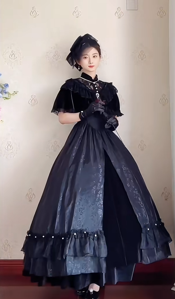 Chic Short Sleeve Black Prom Dress Jacquard A-Line Evening Dress C8215