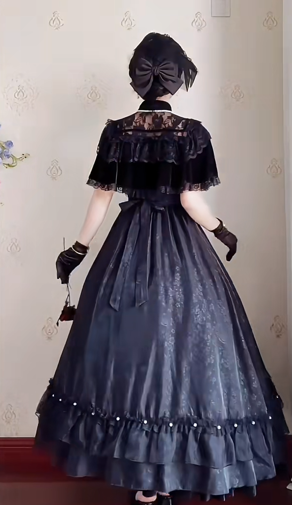 Chic Short Sleeve Black Prom Dress Jacquard A-Line Evening Dress C8215