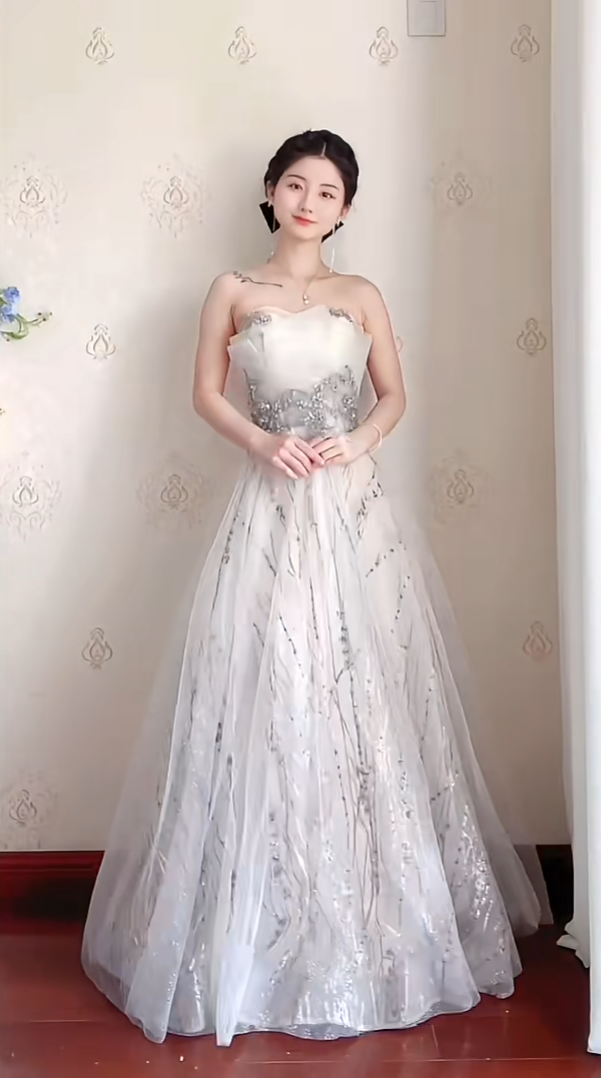 Robe de bal de princesse bustier à volants en satin long, robe de soirée C8117