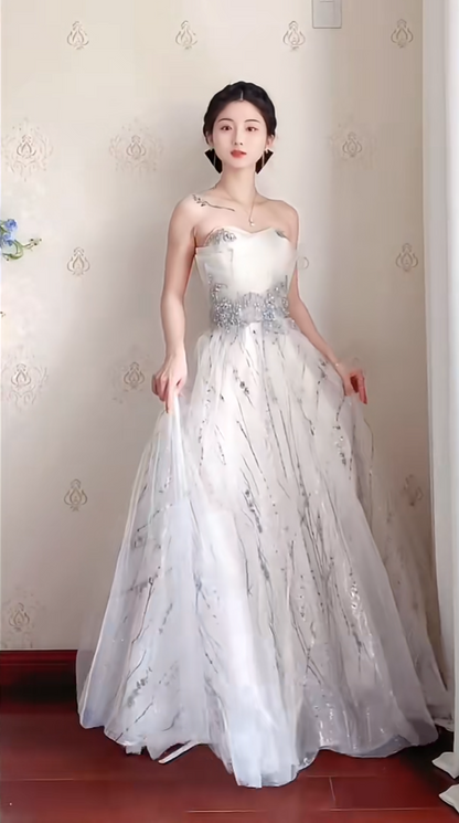 Robe de bal de princesse bustier à volants en satin long, robe de soirée C8117