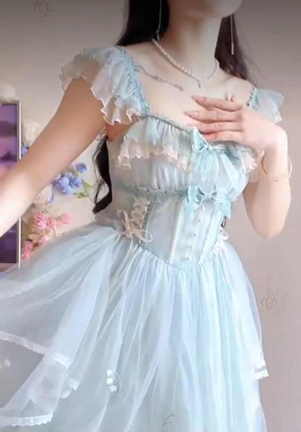 Sleek Square Neck Blue Homecoming Dress Ruffles Bows Lace A-Line Birthday Dress C8220