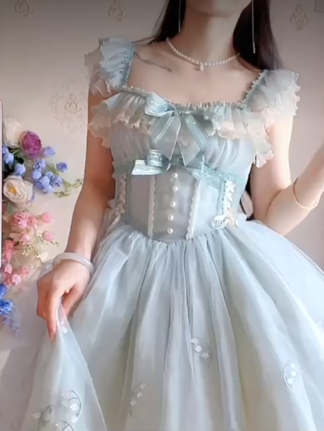Sleek Square Neck Blue Homecoming Dress Ruffles Bows Lace A-Line Birthday Dress C8220