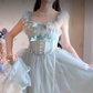 Sleek Square Neck Blue Homecoming Dress Ruffles Bows Lace A-Line Birthday Dress C8220