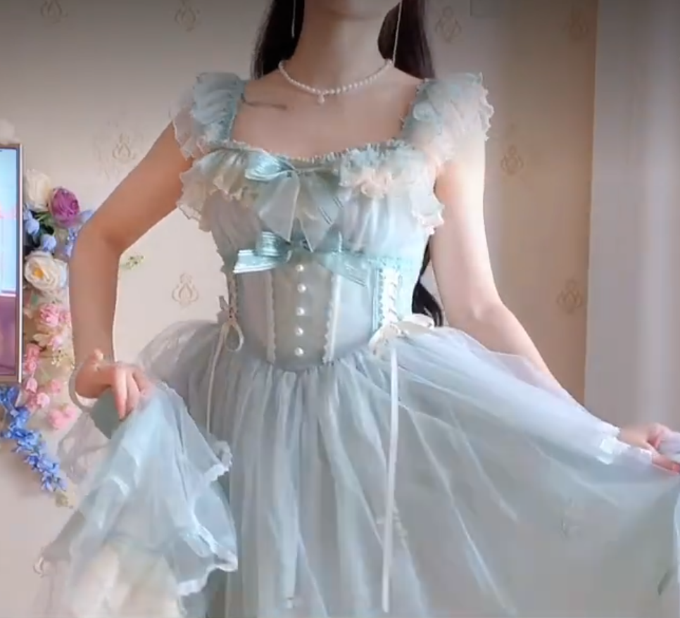 Sleek Square Neck Blue Homecoming Dress Ruffles Bows Lace A-Line Birthday Dress C8220