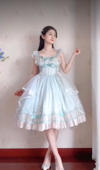 Sleek Square Neck Blue Homecoming Dress Ruffles Bows Lace A-Line Birthday Dress C8220