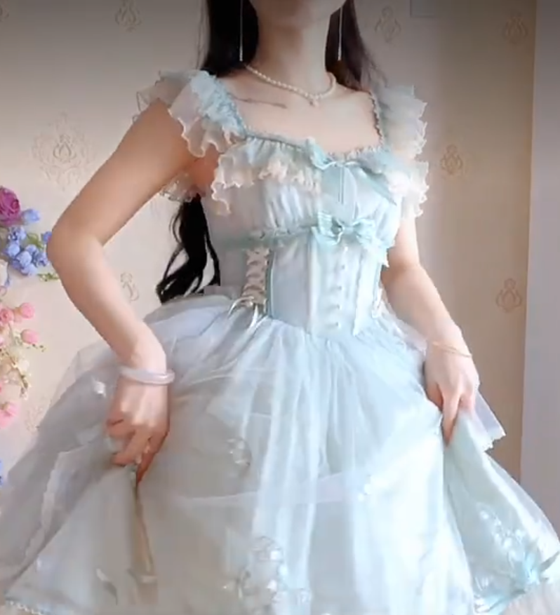 Sleek Square Neck Blue Homecoming Dress Ruffles Bows Lace A-Line Birthday Dress C8220