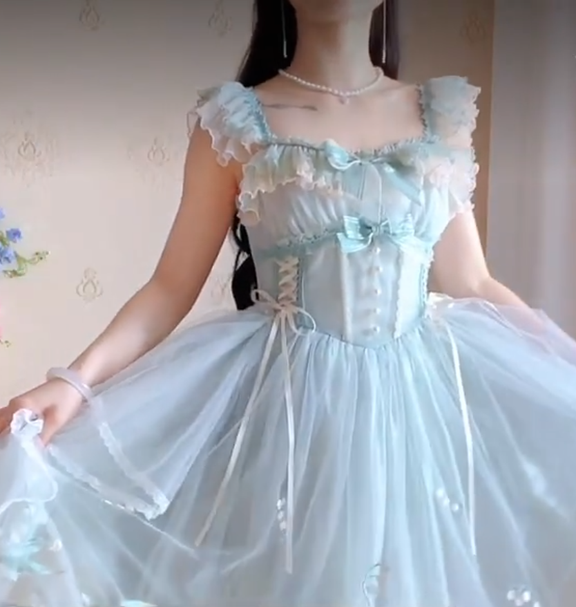 Sleek Square Neck Blue Homecoming Dress Ruffles Bows Lace A-Line Birthday Dress C8220