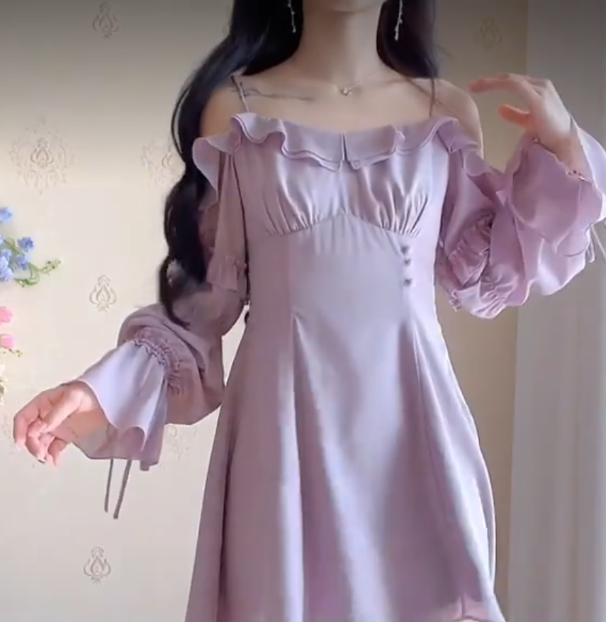 Fashion Purple Homecoming Dress Long Sleeve Ruffles A-Line Birthday Dress C8223