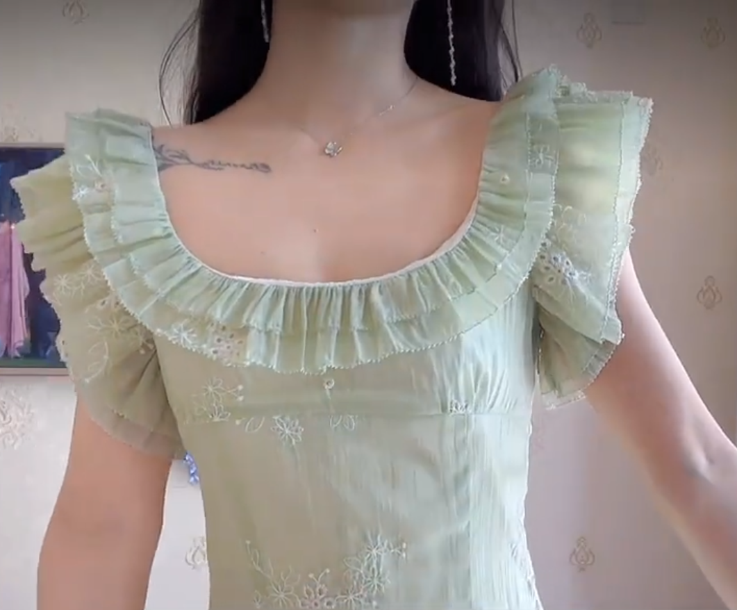 Romantic Jewel Neck Light Green Prom Dress Ruffles A-Line Evening Dress C8224