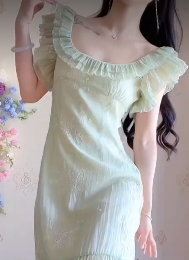 Romantic Jewel Neck Light Green Prom Dress Ruffles A-Line Evening Dress C8224