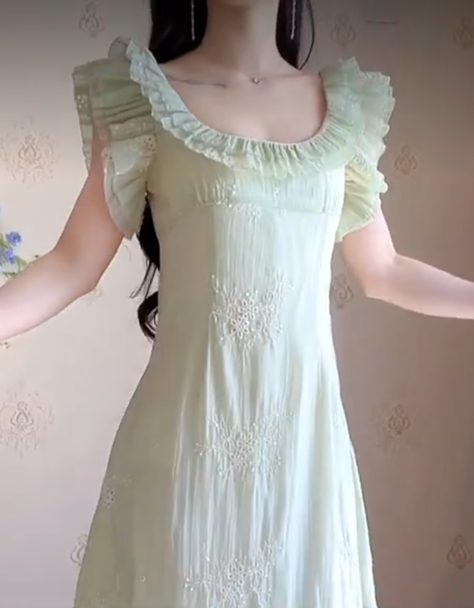 Romantic Jewel Neck Light Green Prom Dress Ruffles A-Line Evening Dress C8224