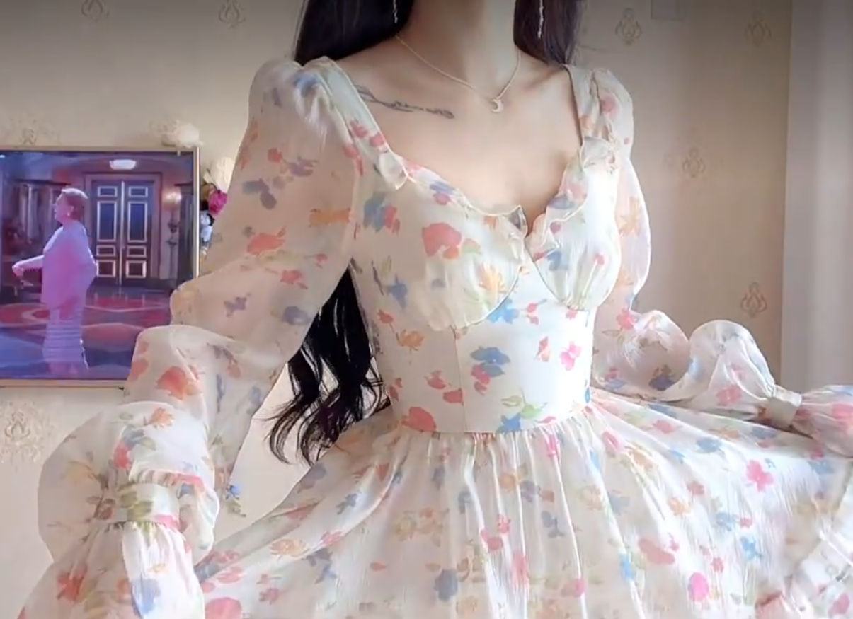 Unique Floral Homecoming Dress Long Sleeve Tiered A-Line Birthday Dress C8227