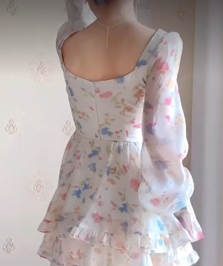 Unique Floral Homecoming Dress Long Sleeve Tiered A-Line Birthday Dress C8227