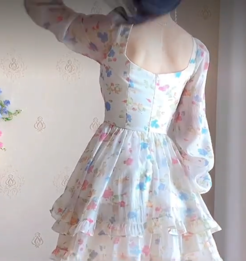 Unique Floral Homecoming Dress Long Sleeve Tiered A-Line Birthday Dress C8227