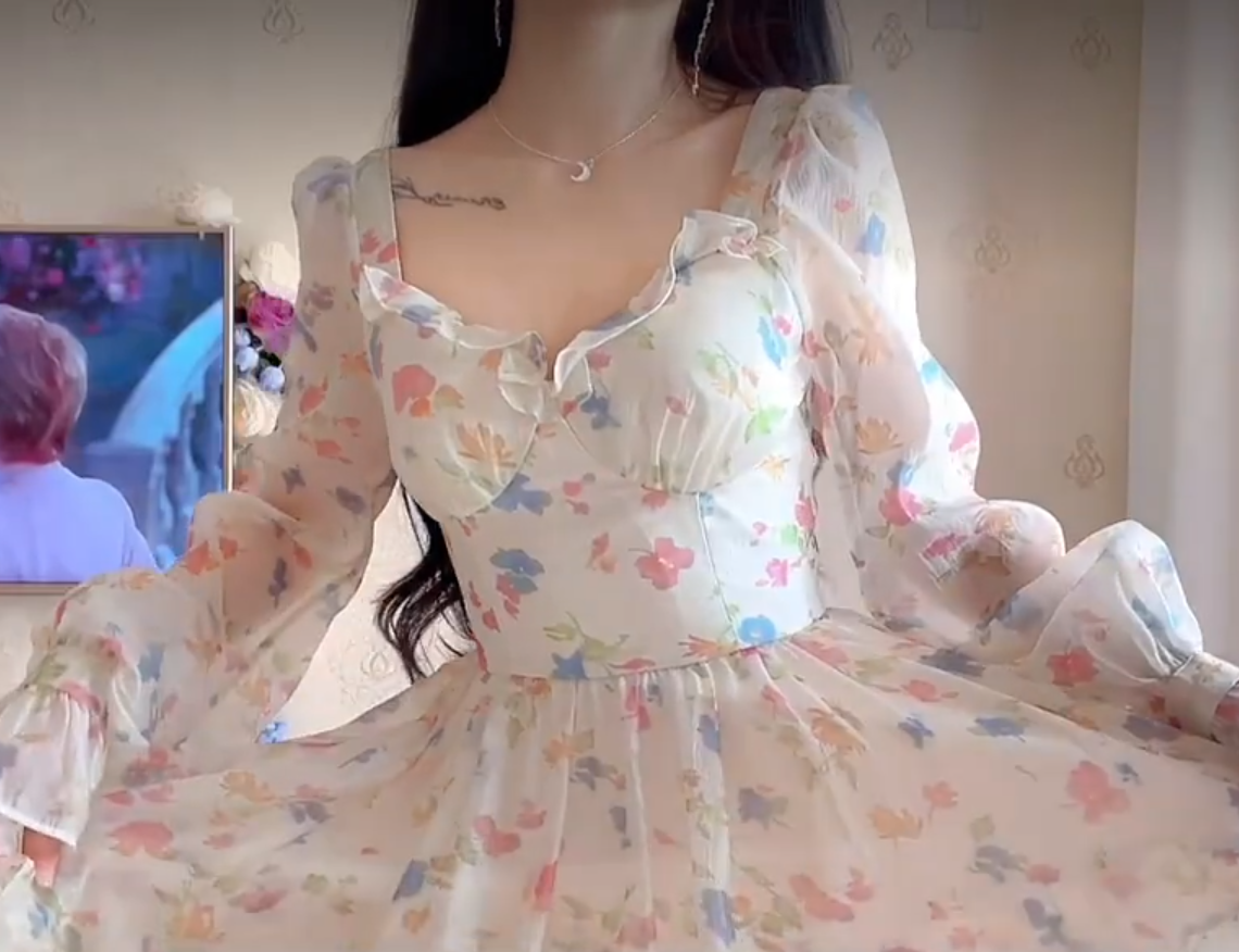 Unique Floral Homecoming Dress Long Sleeve Tiered A-Line Birthday Dress C8227