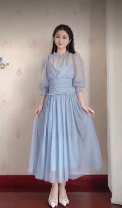 Flowy Blue Prom Dress Chiffon A-Line Evening Dress C8229
