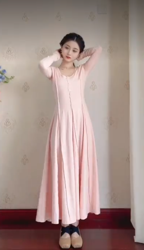 Popular U Neck Light Pink Prom Dress Long Sleeve A-Line Evening Dress C8230