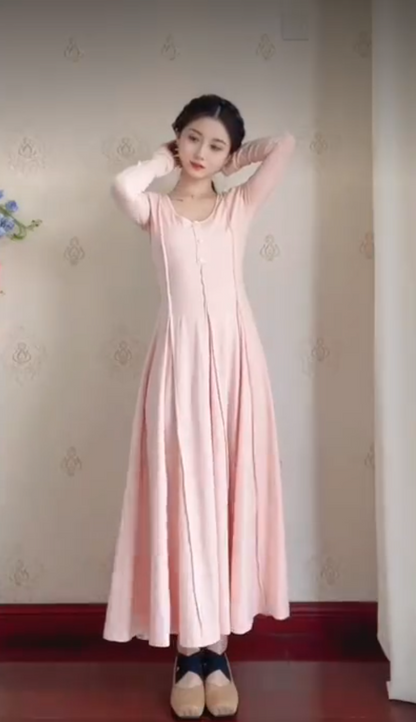 Popular U Neck Light Pink Prom Dress Long Sleeve A-Line Evening Dress C8230