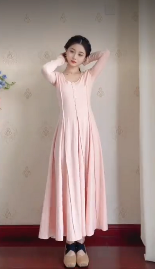 Popular U Neck Light Pink Prom Dress Long Sleeve A-Line Evening Dress C8230