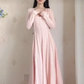 Popular U Neck Light Pink Prom Dress Long Sleeve A-Line Evening Dress C8230