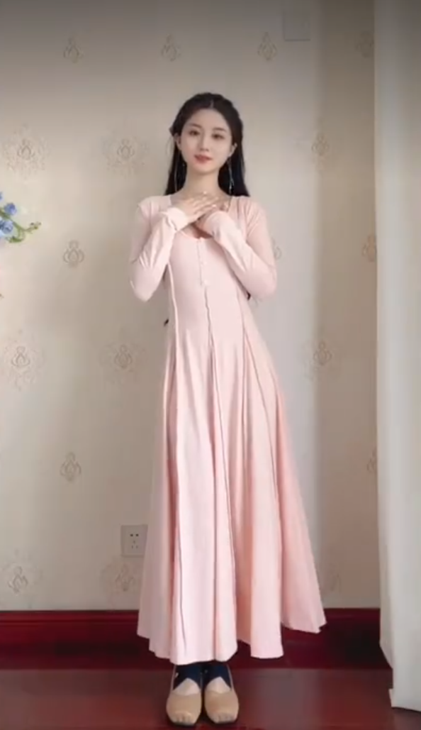 Popular U Neck Light Pink Prom Dress Long Sleeve A-Line Evening Dress C8230
