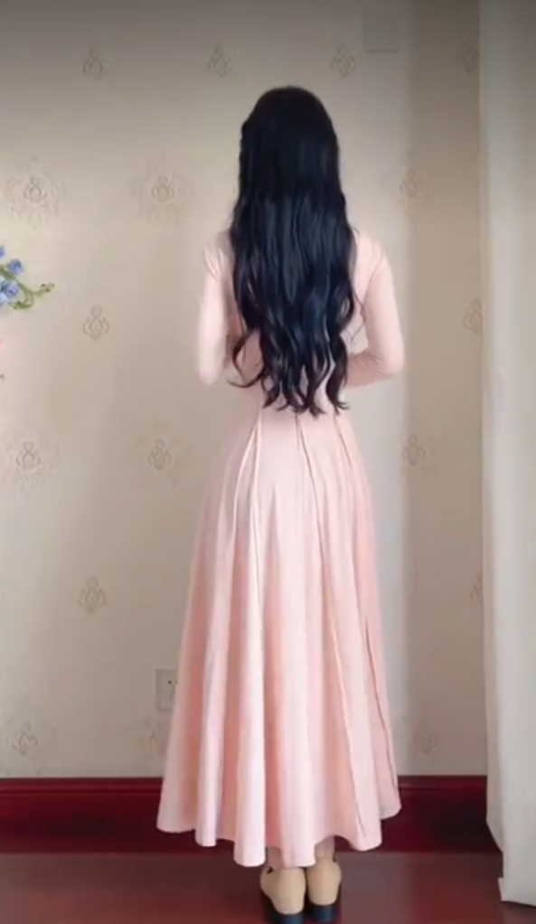 Popular U Neck Light Pink Prom Dress Long Sleeve A-Line Evening Dress C8230