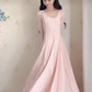 Popular U Neck Light Pink Prom Dress Long Sleeve A-Line Evening Dress C8230
