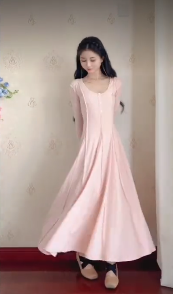 Popular U Neck Light Pink Prom Dress Long Sleeve A-Line Evening Dress C8230