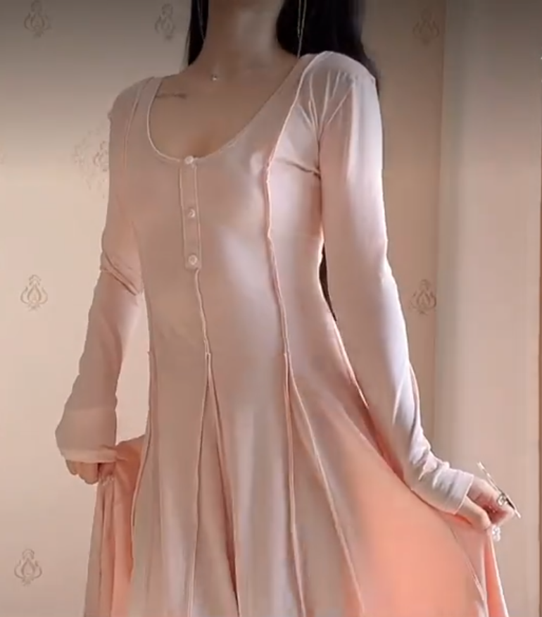 Popular U Neck Light Pink Prom Dress Long Sleeve A-Line Evening Dress C8230