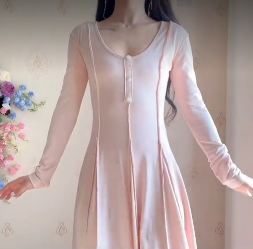 Popular U Neck Light Pink Prom Dress Long Sleeve A-Line Evening Dress C8230