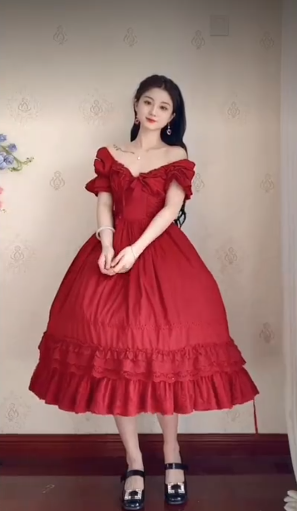 Alluring Off-the-Shoulder Red Prom Dress Lace Ruffled A-Line Evening Dress C8233