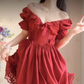 Alluring Off-the-Shoulder Red Prom Dress Lace Ruffled A-Line Evening Dress C8233