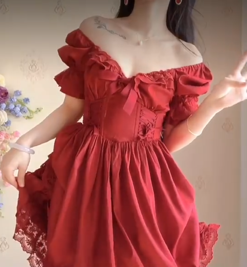 Alluring Off-the-Shoulder Red Prom Dress Lace Ruffled A-Line Evening Dress C8233