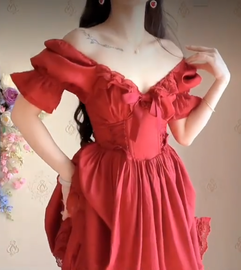 Alluring Off-the-Shoulder Red Prom Dress Lace Ruffled A-Line Evening Dress C8233