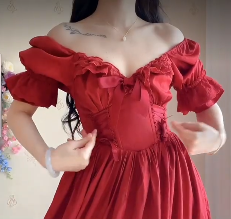Alluring Off-the-Shoulder Red Prom Dress Lace Ruffled A-Line Evening Dress C8233